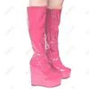 Rontic Anpassa kvinnor Winter Knee Boots Patent Full Zipper Wedges Heels Round Toe Pink Red Fuchsia Cosplay Shoes Storlek 35-52