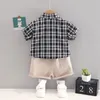 Clothing Sets Toddler Boys Plaid Short-sleeved Summer Birthday Set Baby Handsome 1-5 Years Old Fake 2pcs Blazer Shorts Bow Tie SetsClothing