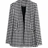 Traf Women Fashion Tweed Houndstooth Blazer Coat Vintage Långärmning