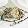 Montres de poche montre mécanique lumineuse de luxe roue creuse en Bronze à remontage manuel chaîne suspendue Steampunk Antique cadeaux poche