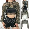 Long Sleeve Mesh Top Hooded Womens T-shirt Hollow Out Sexy Punk Rock Short Crop White Fishnet Women Clothing Tops Tees