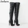 Sorbern Retro punta redonda medio muslo botas altas mujeres tacón alto Stilettos botón personalizado bota larga cremallera trasera muslos gruesos personalizados