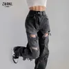 Jeans de cintura alta rasgada preta para mulheres roupas vintage y2k moda de jeans reta calça de streetwear hole hop calça jeans 220701