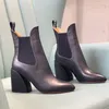 Chelsea Ankle Boots Designer Stängd tå prägling 100% Cowskin Elastic Band Womens Shoes Fashion Pointed Toes 9cm High Heel Boot 35-41