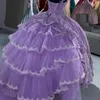 2022 sexy lavanda gonfi abiti quinceanera sweetheart applicazioni di pizzo perline di cristallo fiori abito di sfera vestidos de dress guest corsetto posteriore tulle a strati volant