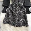 Suit de mode vintage Femmes Tempérament de robe deux pièces Pouffle à manches longues Basic Top V couche de cou Robes florales Tempérament 2022