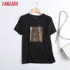 Tangada Damen-T-Shirt aus Baumwolle mit schwarzem Buchstaben und goldenem Aufdruck, kurzärmelig, T-Shirt für Damen, lässiges T-Shirt, Street Wear Top 6D04 220402