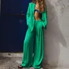 Women's Two Piece Pants Spring 2022 Women Single Button Green Blazer Suits With High Waist Wide Leg Office Lady Solid Sets LY9816