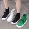 Women's Stretch Fabric Knitted Sock Boots 2022 Autumn Slip on Flat Platform Ankle Boots Woman Green Thick Sole Hollow Mesh Shoes Y220707