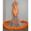 Black Girls Orange Mermaid Prom Dresses 2022 Satin Beading Sequined High Neck Feathers Luxury Skirt Evening Party Formal Gowns For Women B053021