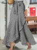 Maxi Skirts Women Summer Celmia Fashion High Waist Wrap Long Skirt Asymmetrical Vintage Plaid Ruffled Mermaid Bottom Femme 220701