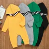 Baby Hooded Rompers Boys Striped Jumpsuits Solid Långärmad Bodysuits Casual Fashion Overaller Byxor Boutique Climb Kläder