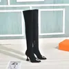 Designer donna Amina Muadi Stivali con tacco a ferro di cavallo Stivali con punta a punta nera Stivali sopra il ginocchio Desert Boots Radiant Crystal Winter Shoes NO389