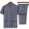 Abbigliamento etnico Cina Ricamo # 4 Set tradizionale cinese Uomo Camicia estiva in lino con fibbia Tai Chi orientale Uniformi traspiranti