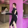 Casual Dresses Le Palais Vintage 2022 Fall Winter Original Long Sleeve Black For Women Sticked Cotton Sexig backless High Slitklänning