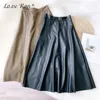 Autumn Fleece PU Leather Skirts Women Elegant High Waist ALine Patchwork Midi Skirt Female Winter Office Lady Bottoms 210306