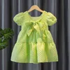 2022 Summer Girls Dress Korean version Green Pink Dress Bow Princess Dresses Puff Sleeve Dress G220518