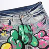 2023men's Jeans Men Colored Doodle Painted Denim Streetwear Punk Stretch Print Pants Button Holes Ripped Slim Pencil Trousers