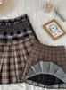Estilo coreano xadrez plissado saia feminina primavera e outono cintura alta fina uma linha curta estudante de lã de lã 220317