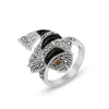 Vintage Ring for Women 925 Sterling Silver flerfärgad kalkedon Fiskfingerringar med Marcasite