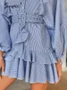Kemer Mavi Ekose Batwing Uzun Kollu Kadınlar Giyim Yaz Office fırfır gömleği mini rahat düğme bir çizgi mujer vestido 220613