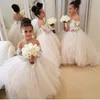 Kız Elbiseleri Fildişi Dantel Çocuklar Çiçek Kız Elbise Düğün Uzun Kollu Tül Prenses Parti Pageant Kızlar Kutsal İlk Cemaat Gowngirl