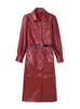 Lautaro Frühlings-langes Lederhemdkleid für Damen mit langen Puffärmeln, Gürteltaschen und Knöpfen. Kunstlederkleider für Damen 7XL L220801