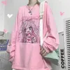 Qweek kawaii mulher tshirts cor-de-rosa moda bonito cópia camisa mulheres manga longa ops solto casual casual camisas 220321