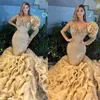 Luxurious Mermaid Prom Dresses One Long Sleeves V Neck Satin Appliques Sequins Beads Lace Shiny Floor Length Party Evening Gowns Plus Size Custom Made Tailored