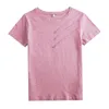Kısa Kollu Yaz Kadınlar Şeritli Pamuk Tee-shirtler Kadın Düğmesi Gevşek Moda T-Shirts Mavi O-Beeck Kore Tops S-3XL 220519