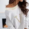 Otoño mujeres sexy blanco cuello redondo moda camisetas desgaste diario un hombro letra manga larga casual top 220321