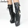 Sorbern Sexy Heelless Mid-Calf 부츠 드래그 퀸 여성 플랫폼 발 뒤꿈치 맞춤형 와이드 슬림 맞춤 잠글 수있는 핑크 무광택 발굽 여성