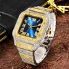 Missfox Luxury Square Men Смотреть Blue Dial Gold и Sier Watch Classic Quartz Man Relgio Masculino Blingling Hiphop Diamond