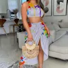 Vestido de duas peças Summer mulheres saia respirável Conjunto de girassol Print Split Roult Pesh Crop top