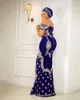 Veet Fromal Blue Royal Africanイブニングドレスは肩のレースアップリケAso ebi Mermiad Prom Gowns for Women Party Wear