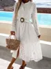 Elegant Hollow Out Lace Solid Dress Office Lady Slit Button Shirt Summer Spring Long Sleeve Tennis Beach es Robe 220613