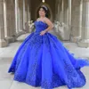 Мексиканская королевская синяя vestidos de 15 Anos Quinceanera Платье с съемными рукавами Sequin Applique Sweet Plow