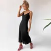 Femmes Slip Dress Satin Sans Manches Col En V Soie Solide Élégant Vintage Lady D'été Qualité Femme Longue Spaghetti Strap Robes 220423