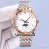 Master Ultra Thin Q1368471 Moon Phase Automatic Mens Watch Tow Tone Rose Gold White Dial Silver Stick Markörer Rostfritt Stål Bracelet TimezoneWatch Y10e5