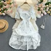 Summer Embroidery Floral Dress Women Square Collar Short Sleeve Hollow Out Midi Dress Elegant Casual Sexy Club Dresses 2022