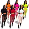 2022 Sexy Sheer Yoga Byxor Tracksuits för Kvinnor Mesh 2 Piece Sets Crop Tops See Through Leggings Outfits Matching Set