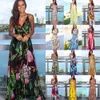 Blommiga maxi klänningar för kvinnor sommar 2022 grön v nacke ärmlös casual halter sundresse party beach blomma lång klänning