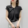 Women's Blouses & Shirts Summer Women Streetwear Artificial Silk Tops Pleated Acetate Satin Black White Elegant Wild Office Lday Chiffon Blo