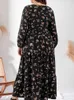 Plus Size Dresses Dress Women 2022 Spring Long Sleeve Floral Print Casual Black High midje maxi klänningarplus