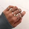 Cluster Ringen 10 Stuk Set Ring Voor Vrouwen Bohemen Roek Ronde Pearl Dames Gouden Kleur Kruis Wave Hollow Wedding Vinger Sieraden