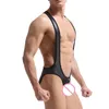 Sexiga Herrunderställ Jockstrap Mesh Öppen gren PU Läder Jumpsuits Wrestling Singlet Underkläder Underkläder Latex Gay Bodysuits 220427