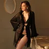 Damen-Nachtwäsche, schwarzes Feder-Mesh-Bikini-Set, Spitze, transparente Kimono-Robe mit Gürtel, Homewear, Versuchung, Frauen, sexy Roben, Bademantel, Nachthemd