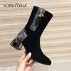 Sophitina dziwne obcasowe buty kostki patchwork elastyczny materiał ciepły pluszowy okrągłe palce czopek palec eleganckie zimowe buty damskie PO792 210513