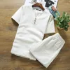 Men's Tracksuits Summer 2022 Men Cotton Linen Set Solid Color Short-Sleeved T-Shirt Large Size Casual Male Fitness Refreshing Suit Hombre