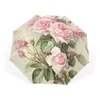 Vintage Shabby Floral Print Women Rain Paraply Chic Pink Rose Three Folding Girl Dålig bärbar automatisk Parapluie 220426